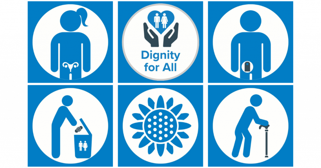 Set of six accessible washroom signs representing visible and hidden disabilities.