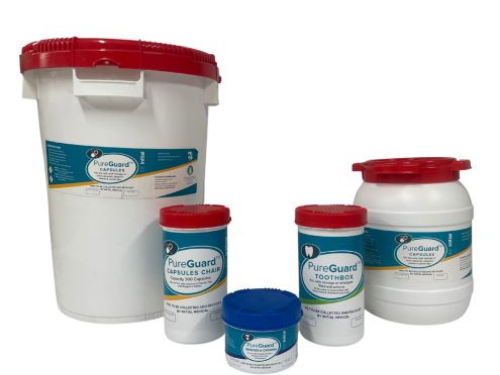 A family of dental waste containers from the brand PureGuard supplied by Initial Medical