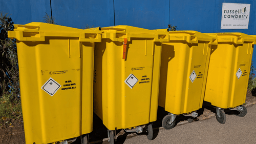 Four yellow clinical waste disposal bins on wheels, stored securely against a construction barrier.