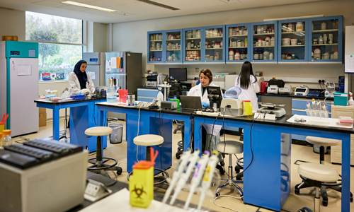 Three researchers in lab coats are working at blue lab benches in a bright laboratory, surrounded by scientific equipment, glassware, and a noticeable red and yellow biohazard waste container in the foreground.
